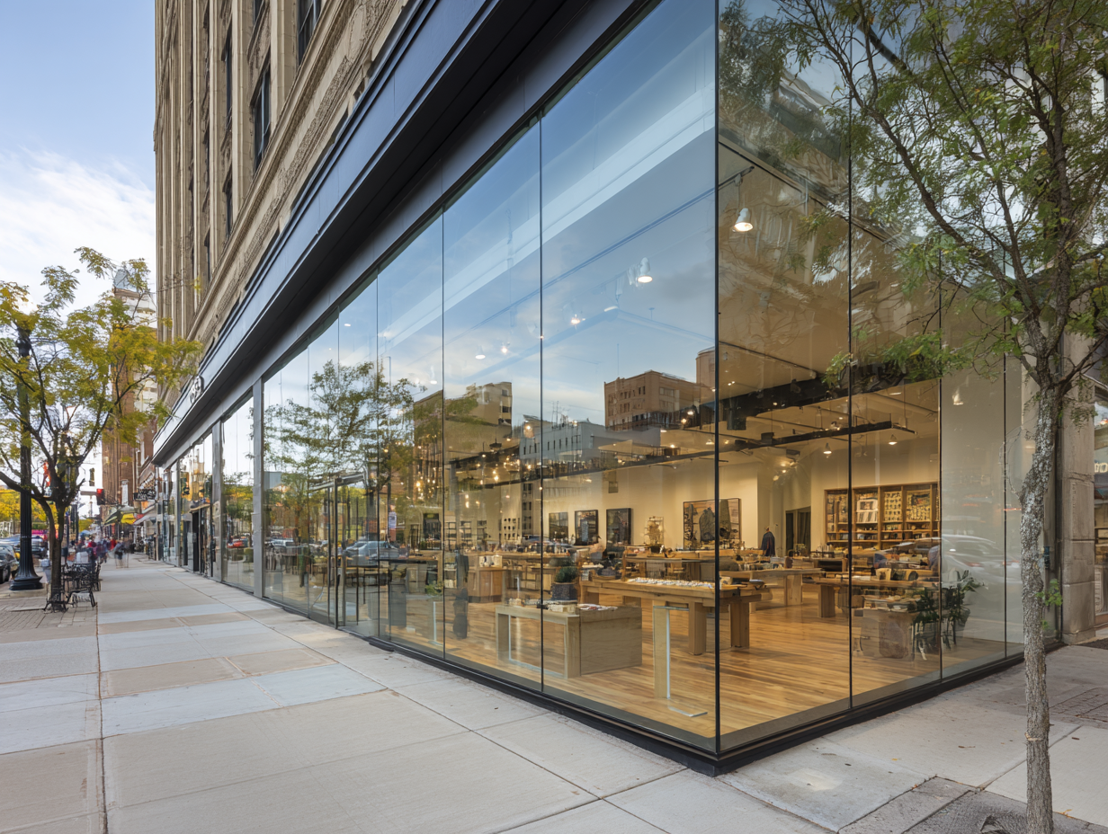 Acoustic glass storefront installation – floor-to-ceiling commercial glazing NYC street view
